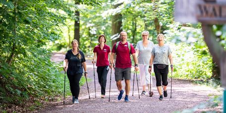 Gemeinsames Walken Patientegruppe wandert mit Therapeutin durch den Wald